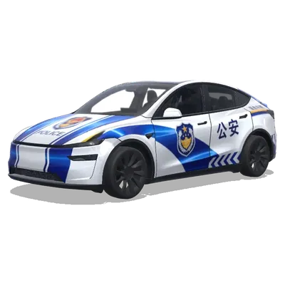 Blaue-weiße Polizeiauto-Folierung mit chinesischen Schriftze (警车涂装，蓝白条纹，官方徽章和紧急车辆标记) – Tesla Model Y Wrap