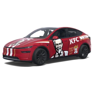 in KFC style with Sanders on doors. Colors: red. – Tesla Model Y wrap