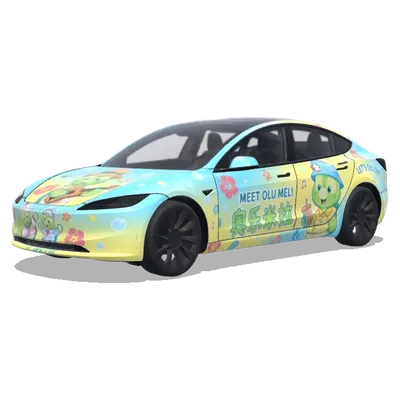 我想要在特斯拉model3煥新款上製作一款自定義車貼皮膚圖片，主題是迪士尼中的奧樂米拉卡通動漫人物，最好能生成一張各種動作衣服的olu在圖片上要求可愛鮮豔亮麗充滿互動性，按照圖1這個效果給我生成一張olu的車身貼圖效果圖，我的參考圖片就是車 – 特斯拉 Model 3 塗裝
