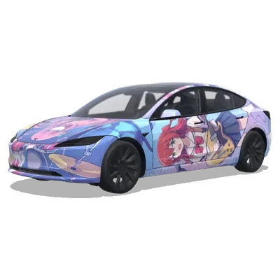 Bocchi the Rock Itasha (我需要孤独摇滚中四个主角同时存在的痛车，可以每个面是一个主角的形象，但是整体颜色不要有太多突兀的变化) – Tesla Model 3 wrap