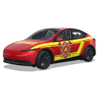 Feuerwehr Rot-Gelb (消防车涂装，鲜艳的红色底色，黄色安全条纹，消防部门徽章和紧急响应标记) – Tesla Model Y Wrap