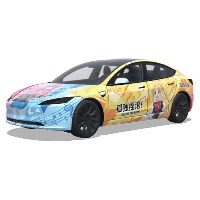 ぼっち・ざ・ろっく！痛車 (我需要孤独摇滚中四个主角同时存在的痛车，可以每个面是一个主角的形象，但是整体颜色不要有太多突兀的变化) – テスラ Model 3 ラッピング