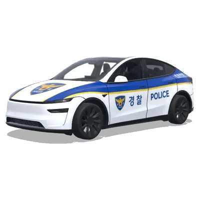 Korean Police Blue White Tesla (파란색과 흰색 줄무늬, 공식 배지, 긴급 차량 마크가 있는 경찰차 리버리) – Tesla Model Y wrap