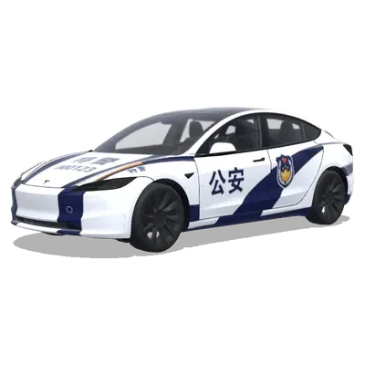 Blaue-Weiß-Chinesische-Polizei-Tesla (警车涂装，蓝白条纹，官方徽章和紧急车辆标记) – Tesla Model 3 Wrap