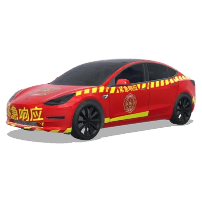 Feuerwehr Rot Gelb (消防车涂装，鲜艳的红色底色，黄色安全条纹，消防部门徽章和紧急响应标记) – Tesla Model 3 Wrap