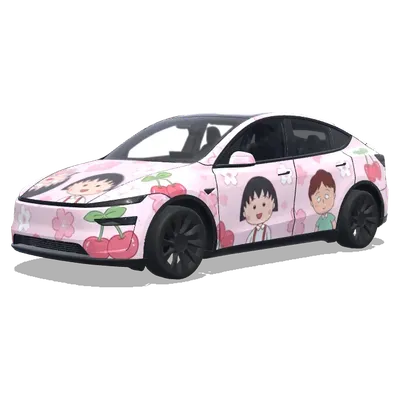Pink Maruko Cherry Theme (帮我生成一个樱桃小丸子主题，主色调是粉色，稍微加一点点花朵和樱桃衬托，偏可爱的风格) – Tesla Model Y wrap