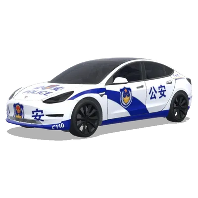 Voiture de police bleue et blanche avec des caractères chino (警车涂装，蓝白条纹，官方徽章和紧急车辆标记) – covering Tesla Model 3