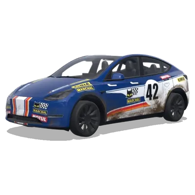 Classic rally decals with dirt marks. – Tesla Model Y wrap