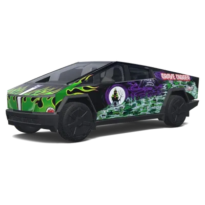 Flammes vertes de Grave Digger – covering Tesla Cybertruck